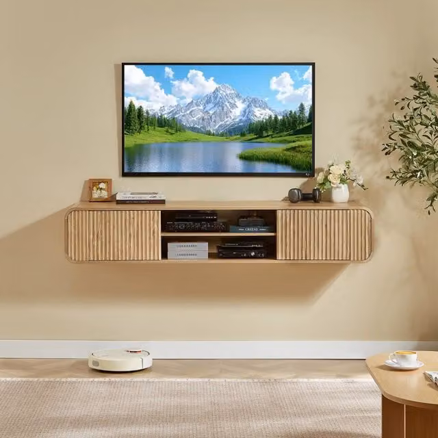 Mobile TV da parete 160 cm con vani aperti, mobile pensile portaoggetti per soggiorno e camera da letto, colore naturale