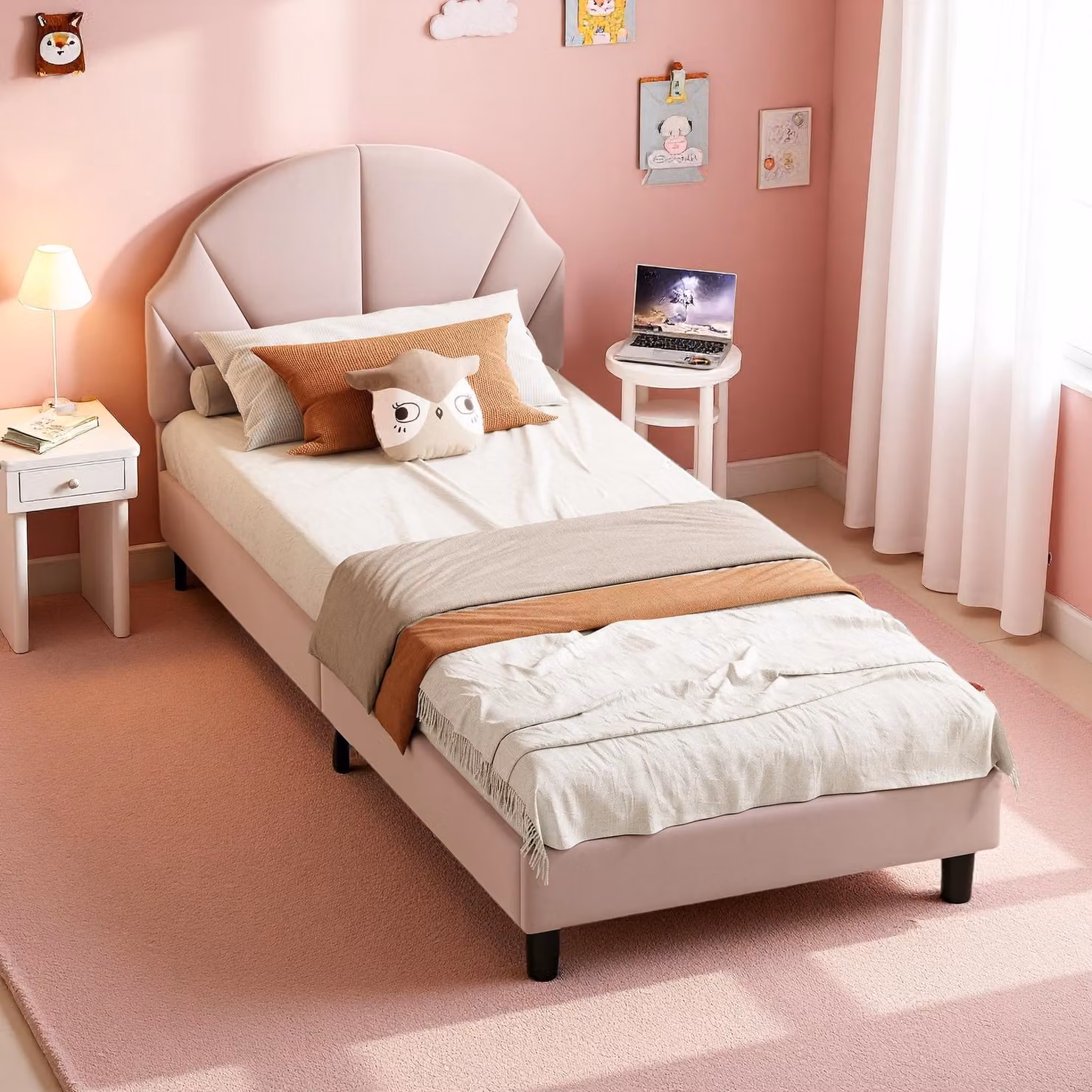 UnboxG Letto per bambini 90x200 cm Rosa in velluto con testiera regolabile in altezza – Letto singolo imbottito per bambini e ragazzi, letto imbottito