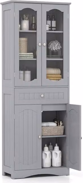 Armadietto Salvaspazio Costway Bianco e Grigio con 2 Porte in Vetro Temprato, Cassetto e 2 Ripiani Regolabili, L/P/H: 60 x 30 x 160 cm