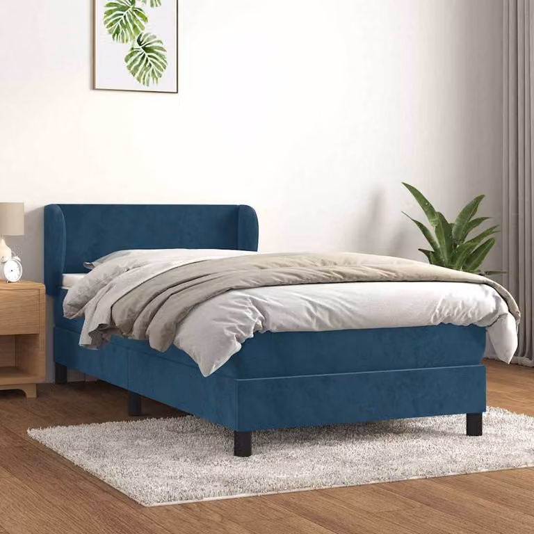 vidaXL Letto Ibrido con Giroletto a Molle e Materasso in Velluto Blu e Bianco, L/P/H: 90 x 200 x 88 cm