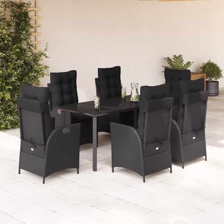 Set da Pranzo da Giardino vidaXL 7 pz in Polyrattan Nero con Piano in Vetro
