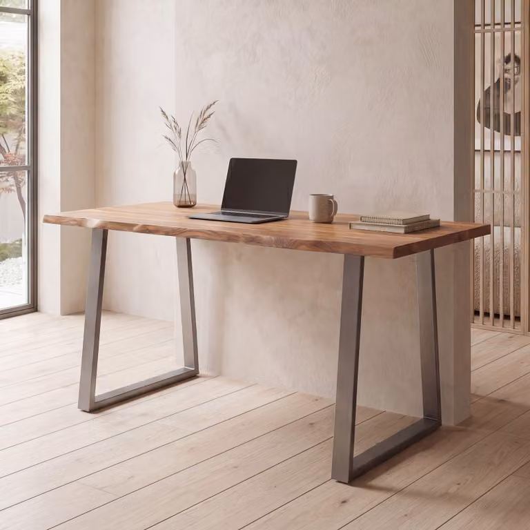 FineBuy Scrivania da 180 cm in legno massello di acacia e metallo, scrivania per computer con bordi naturali, scrivania da ufficio per home office, gambe trapezoidali in cromo, tavolo in legno, tavolo per laptop
