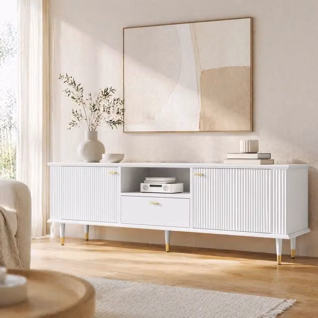 Mobile TV ULEVR 170x36x54 cm con 2 ante, cassetto e vano aperto, MDF bianco con dettagli dorati