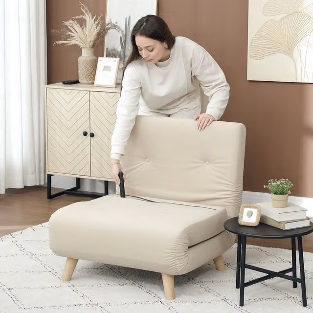 Poltrona letto pieghevole MIVRAY in tessuto effetto velluto beige con struttura in metallo e anima a molle per relax e soggiorno
