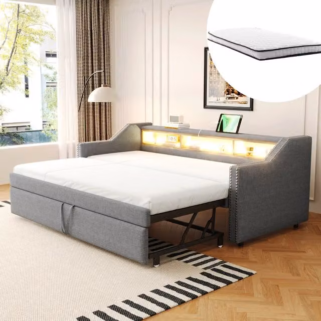 Letto divano estraibile 90×190 e 180×190 cm 1 o 2 posti con LED, USB e 3 vani, due materassi a molle inclusi