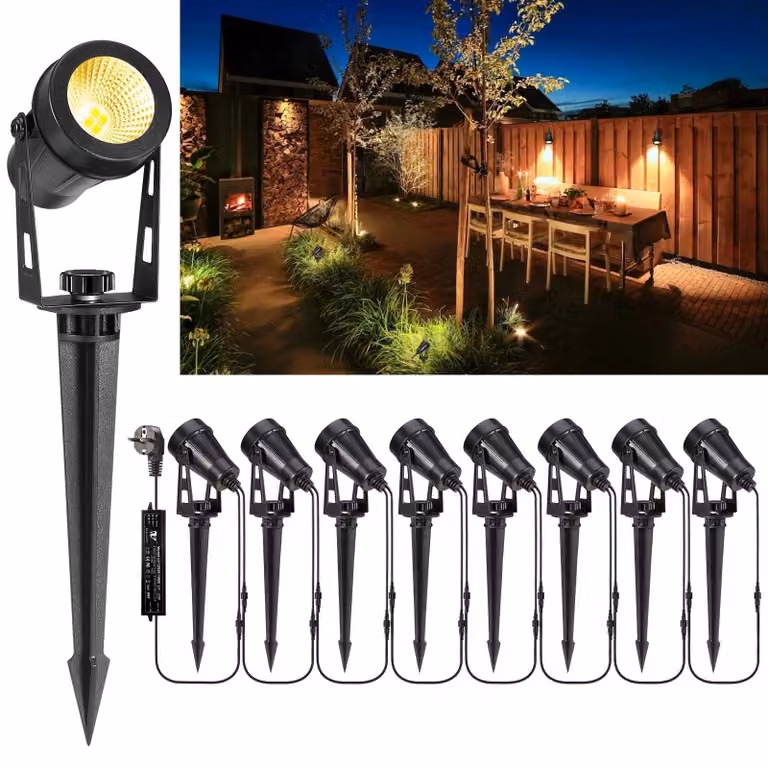 Set di 8 faretti da giardino a LED, lunghezza 27 metri, 12 V, 3 W, 1200 lumen, luce bianco caldo, grado di protezione IP65