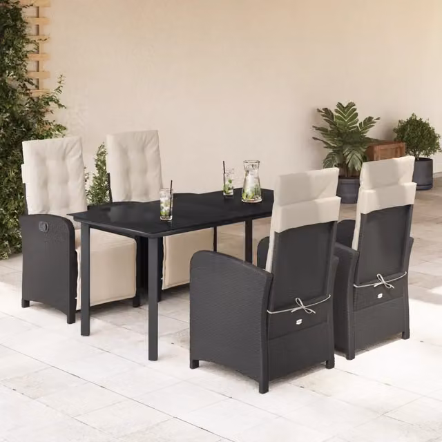Set da Pranzo da Giardino 5 pz Nero con Cuscini in Polyrattan 3212524