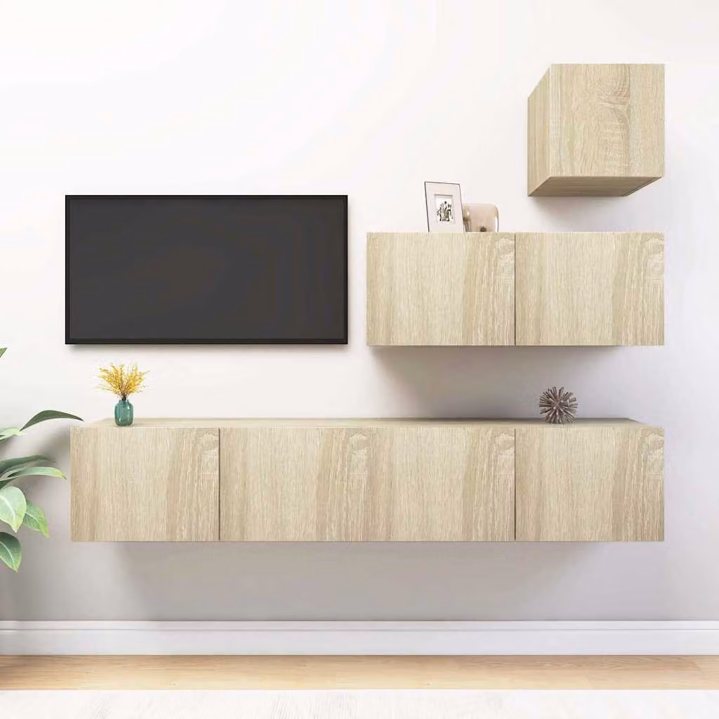 Set di mobili porta TV moderno vidaXL in legno multistrato, 4 pezzi, colore rovere sonoma beige e marrone
