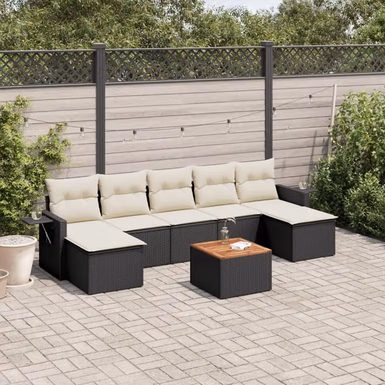 vidaXL Set Divani da Giardino a L con Cuscini 8 pz in Polyrattan Nero e Bianco