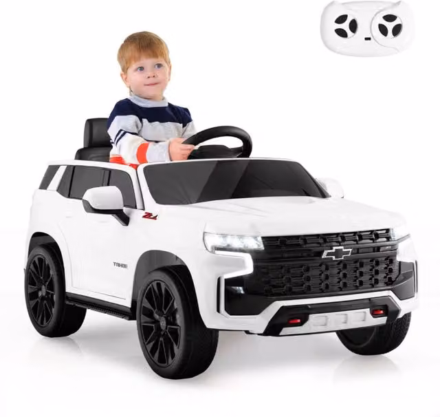 SUV elettrica 12V per bambini con telecomando 2,4G sospensione a molla luci e musica, Chevrolet auto elettrica Bianco-Macchinine giocattoli