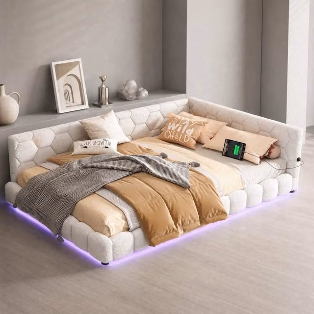 Divano letto 140x200 cm bianco in velluto con luci LED e USB