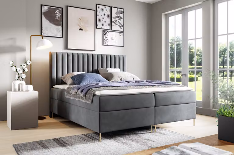 GUTTO Letto con materasso a molle JILL 140 x 200cm 2x Contenitore TOPPER 5cm libero in velluto grigio con gambe alte dorate.