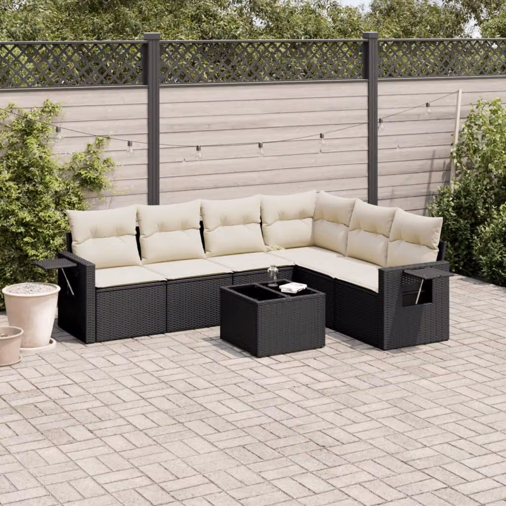 Set Divano da Giardino a L vidaXL in Polyrattan Nero con 7 Cuscini e Tavolino da Esterno – 1