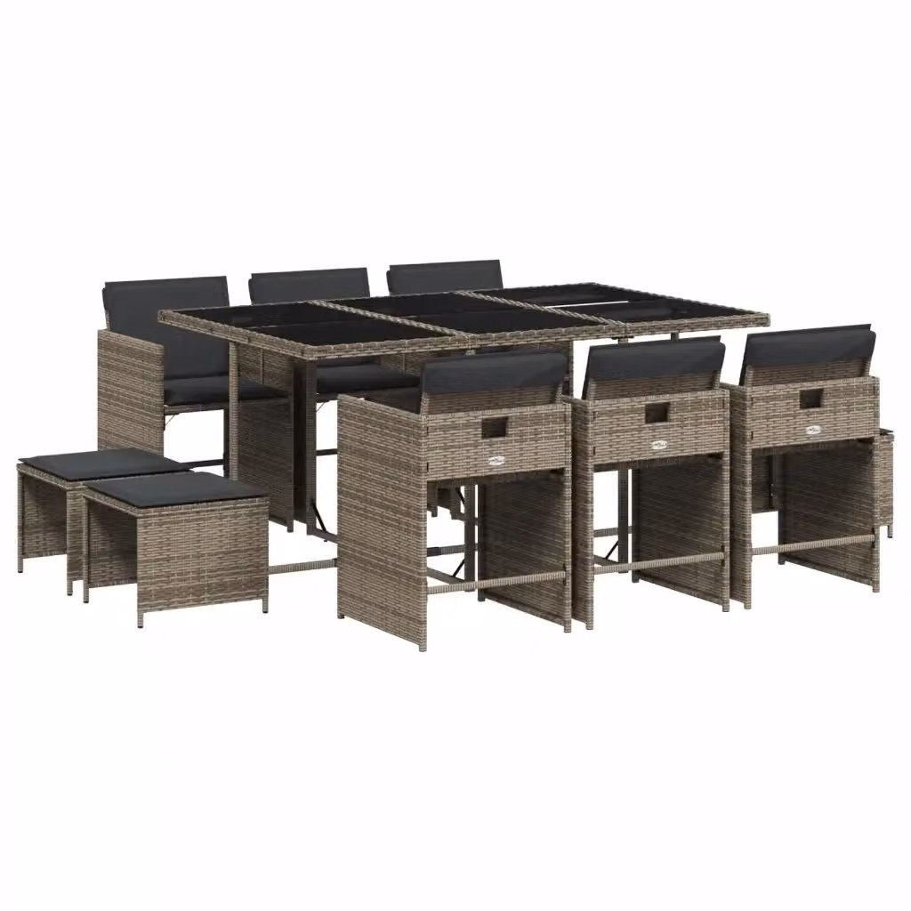 Set da pranzo da giardino vidaXL in polyrattan grigio con cuscini e tavolo in vetro, 11 pezzi – 2