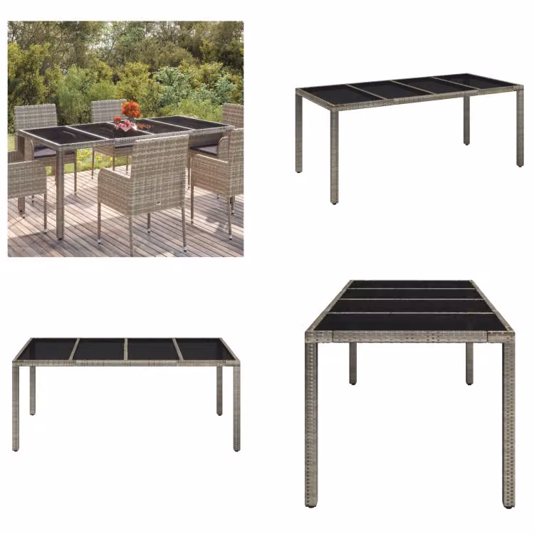 vidaXL Tavolo da giardino con piano in vetro grigio 190x90x75 cm in Poly Rattan - Tavolo da giardino con piano in vetro - Tavoli da giardino con piani in vetro - Mobili da giardino - Tavolo da pranzo