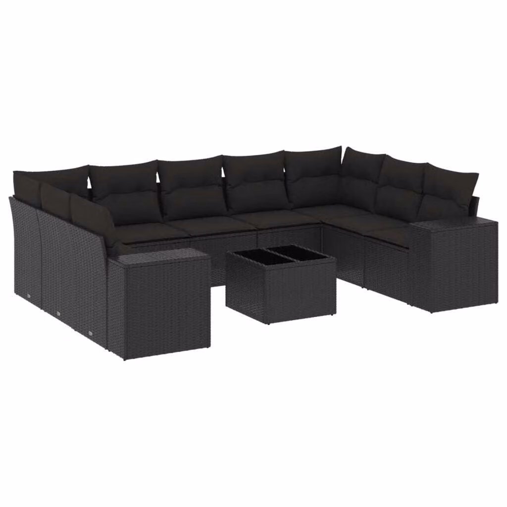 Set Divani da Giardino 10pz con Cuscini in Polyrattan Nero