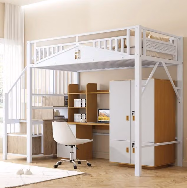 Letto a soppalco in metallo e legno 90 x 200 cm con scala contenitore; bianco