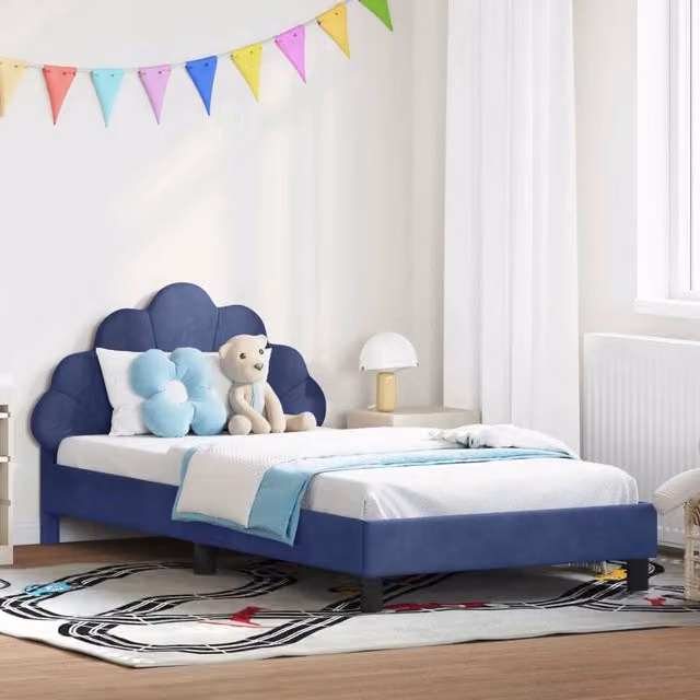 Struttura letto per bambini DESIGN IN in velluto blu con testata e giroletto, L/P/H: 200 x 80 x 90 cm – 1