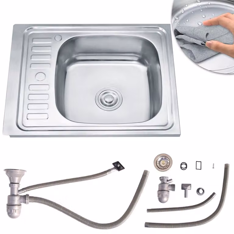 Lavello da incasso 58x48 cm rettangolare in acciaio inox con ripiano a destra Lavello da cucina Vasca lavello
