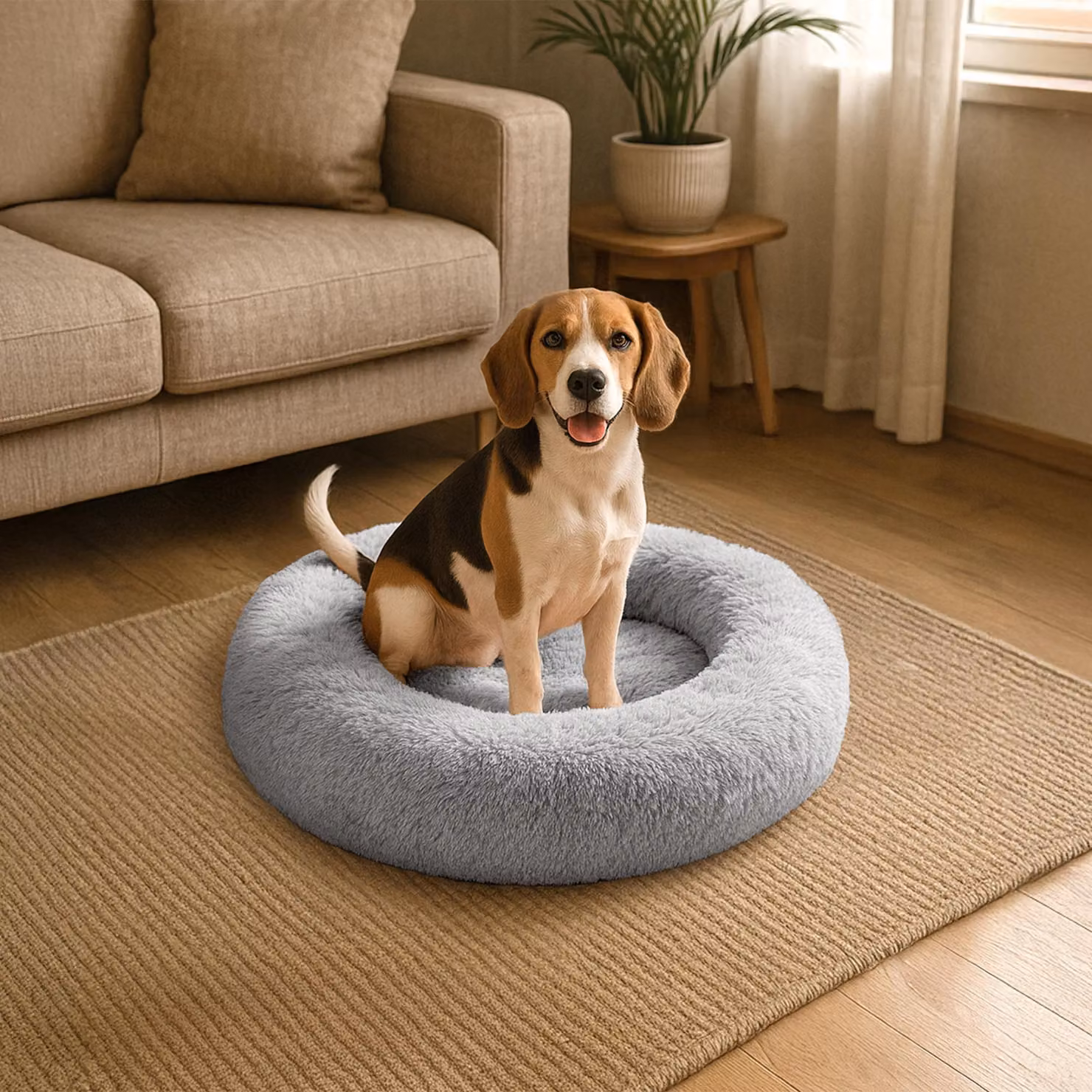 belviona donut dog bed, letto in peluche con soffice imbottitura, presa sicura e bordo ergonomico, diametro 80 cm, grigio chiaro