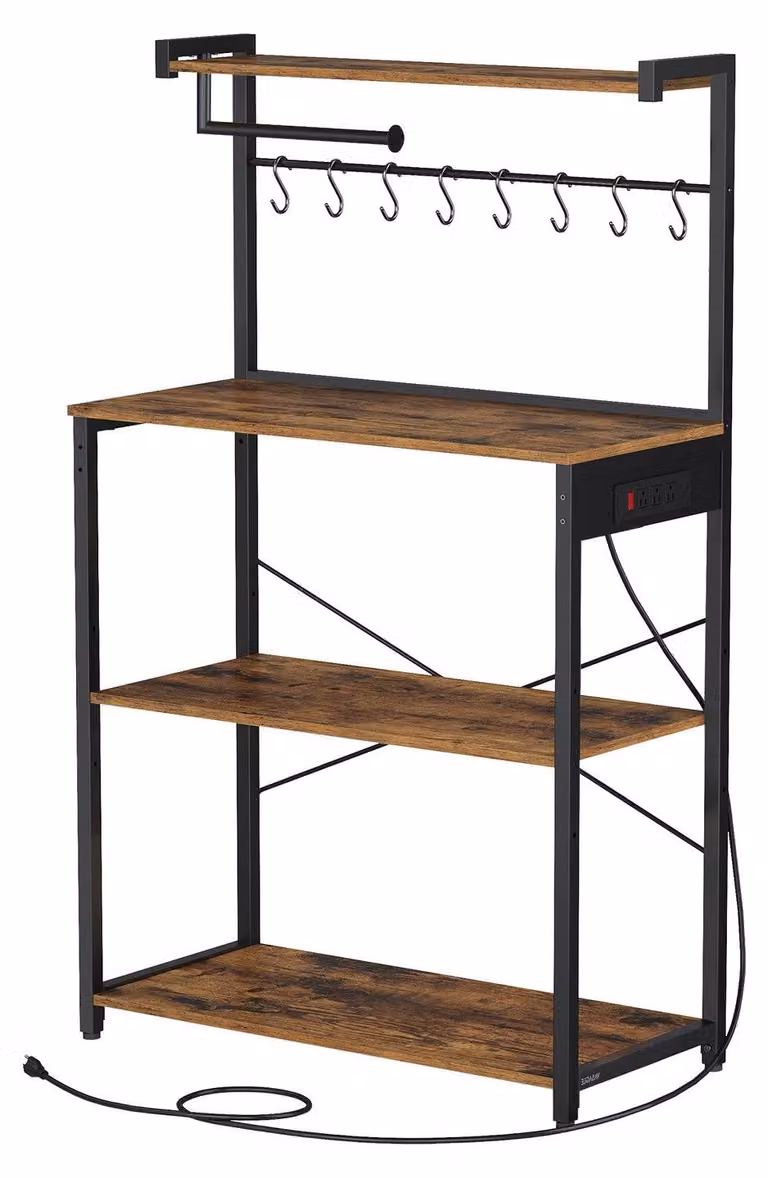 Ripiano portaoggetti per cucina con 4 livelli, base di ricarica e 8 ganci | Colore marrone e nero | Dimensioni 80x40x140 cm