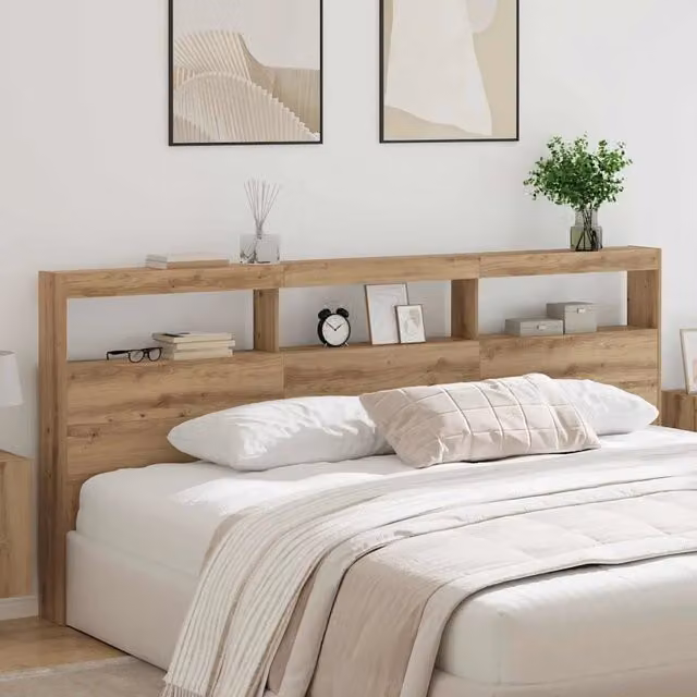Testiera per letto moderna vidaXL in legno ingegnerizzato color rovere con illuminazione integrata, porta USB e mensola portaoggetti, L: 220 cm, H: 102 cm, P: 26 cm