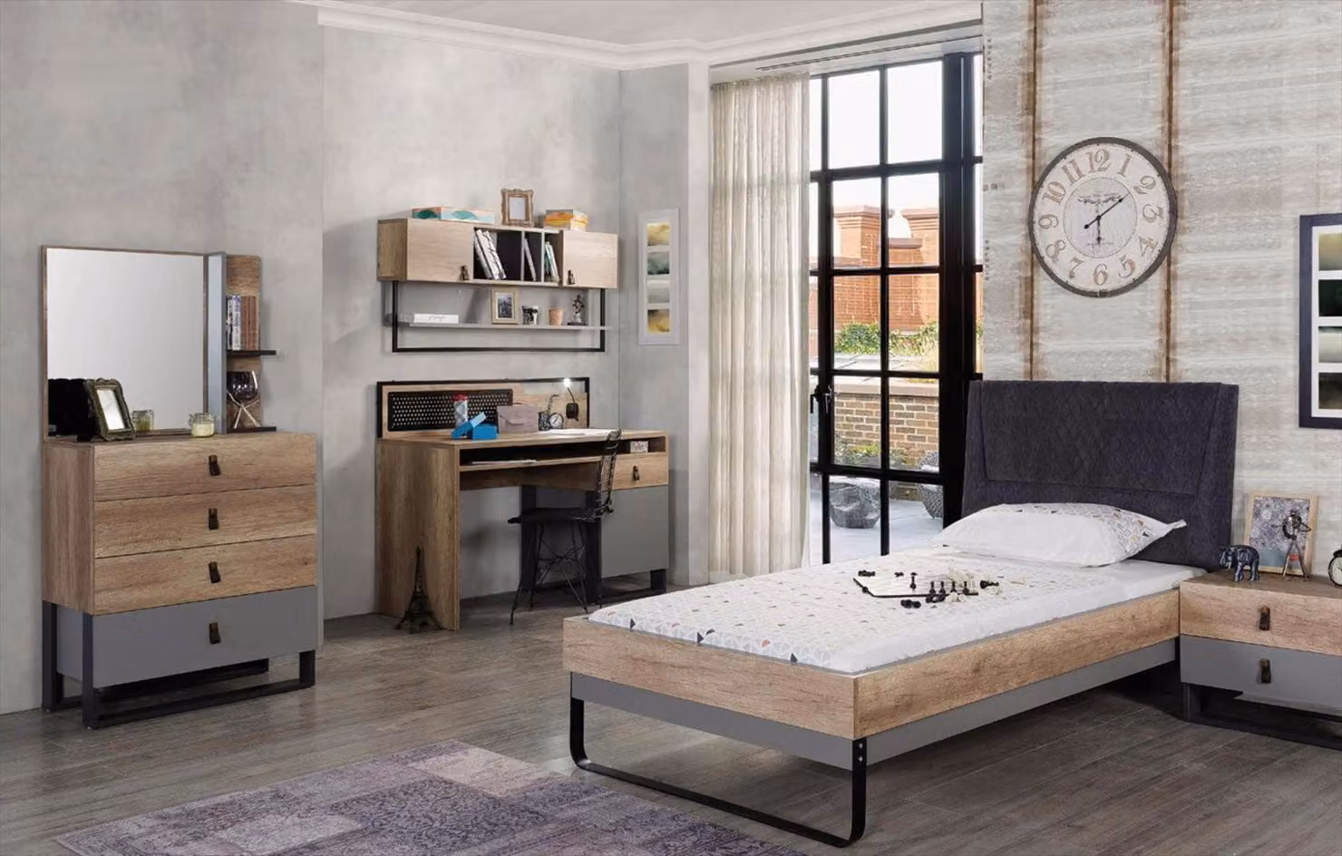 Set per camera da letto per ragazzi: letto, scrivania, cassettiera, comodino, libreria, specchio