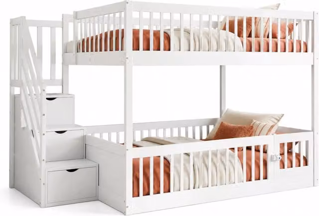 Letto a castello per bambini 140x200 cm con scala a cassetti e sponde; bianco