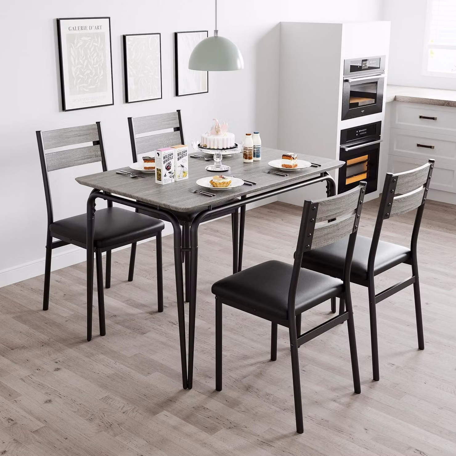 Tavolo da pranzo con 4 sedie imbottite, struttura in metallo grigio, piano in MDF, dimensioni 110x70 cm