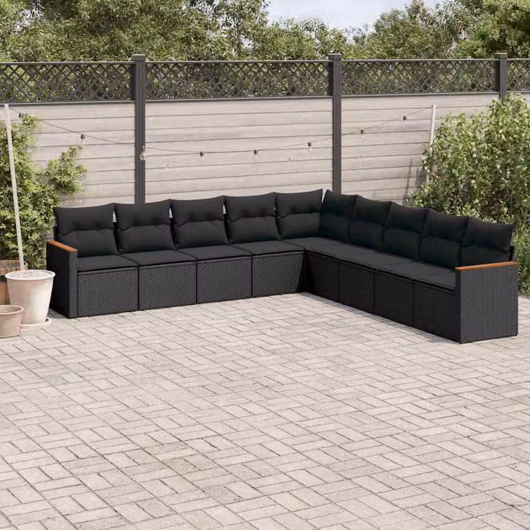 Set di divani da giardino a L vidaXL in rattan nero con cuscini, struttura in metallo e tessuto resistente ai raggi UV, 9 pezzi