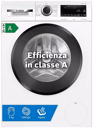 Lavatrice Bosch Serie 6 Caricamento Frontale 9 kg 1400 rpm Classe A Bianca L/P/H: 84.8 x 59.8 x 58.8 cm
