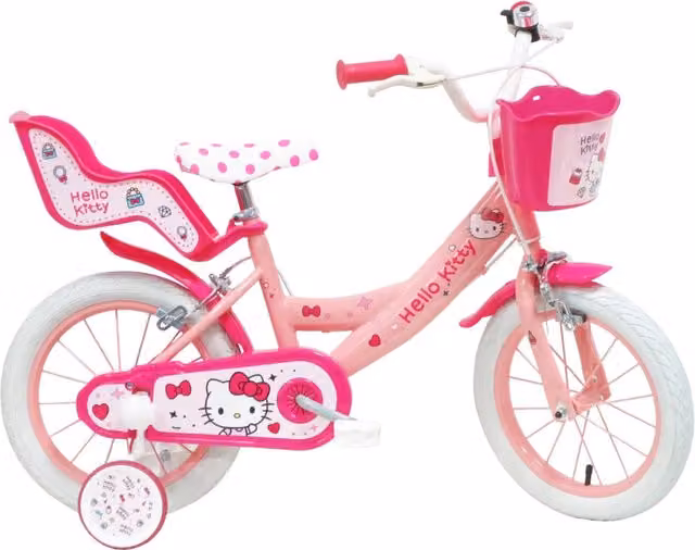 HELLO KITTY 14, adatta ad età tra i 4 e i 6 anni, per altezza tra 100 e 120 cm, con cestino e portabambola