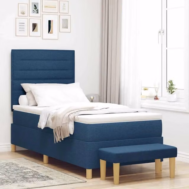 Letto a molle con testiera vidaXL in tessuto blu L 200 cm x P 90 cm x H 128 cm