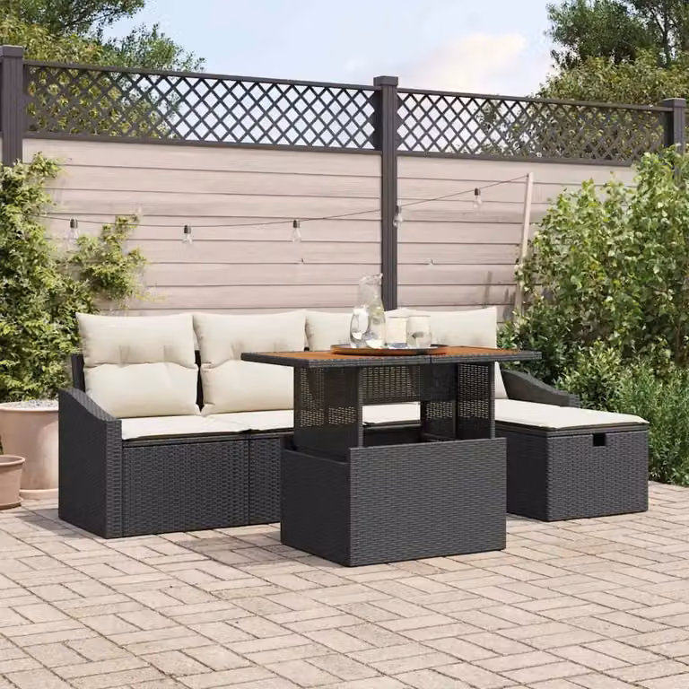Set Divano da Giardino vidaXL 6 Pezzi in Polyrattan Nero con Cuscini e Tavolino
