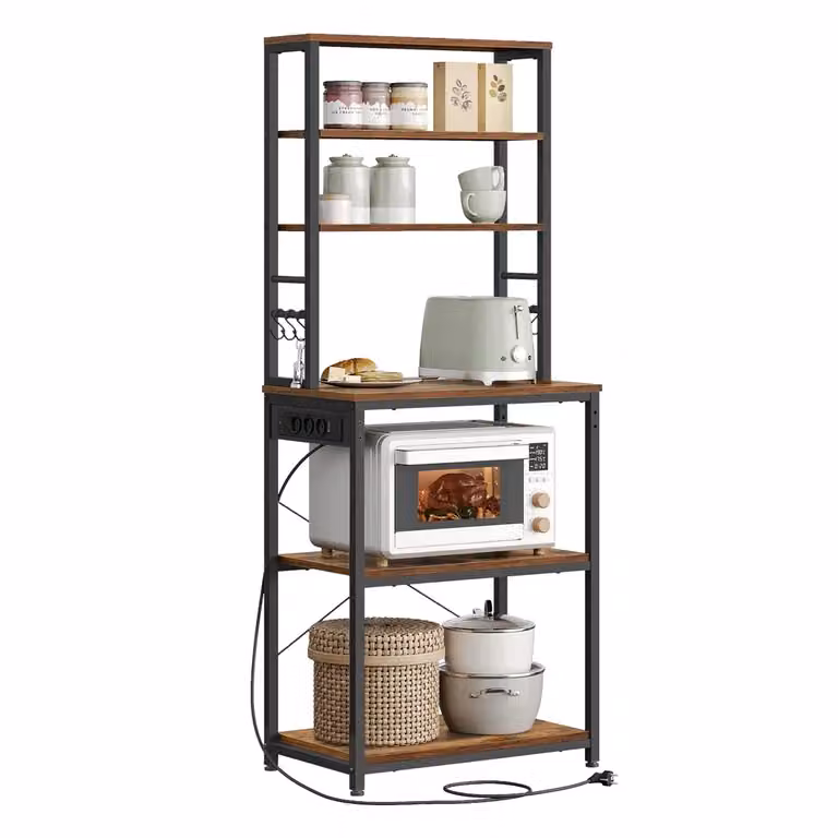 Scaffale da Cucina con Ciabatta Ganci per Forno a Microonde, Marrone Vintage + Nero Inchiostro / 60L cm