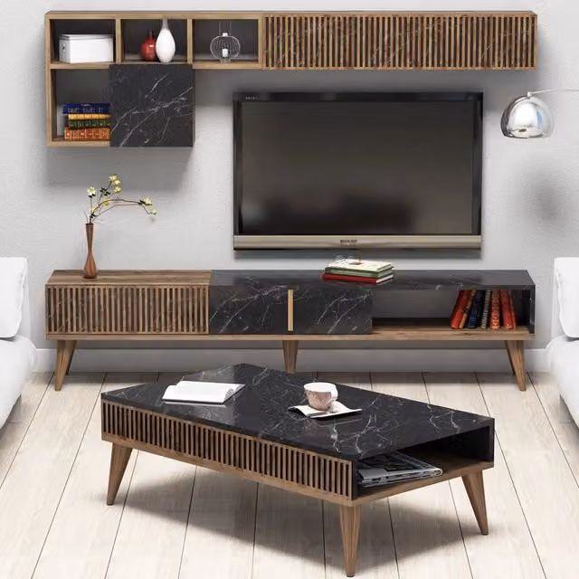 Ollomont, set Mobili da Soggiorno Modulabile, Marrone Noce
