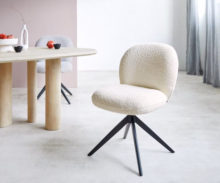 DELIFE Sedia girevole Nube-Flex Bouclé Bianco Struttura a croce larga Nero Girevole a 360° Materasso a molle insacchettate