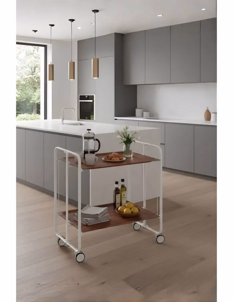 Carrello da cucina e soggiorno DON HIERRO pieghevole con 2 ripiani in MDF laminato e struttura in metallo bianco, L/P/H: 66 x 43 x 72 cm – 2