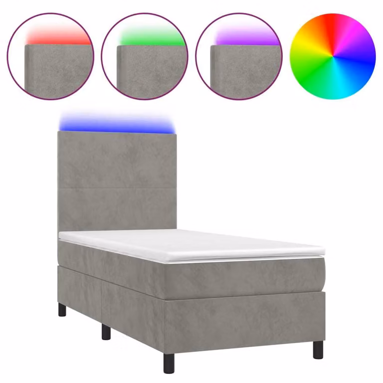 Letto a Molle Materasso e LED Grigio Chiaro 100x200 cm Velluto