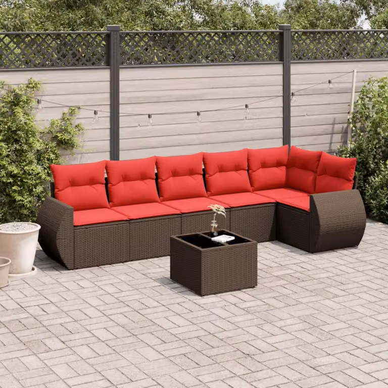Set Divani da Giardino vidaXL 7 pz in Polyrattan Marrone con Cuscini e Tavolino per Terrazza o Giardino