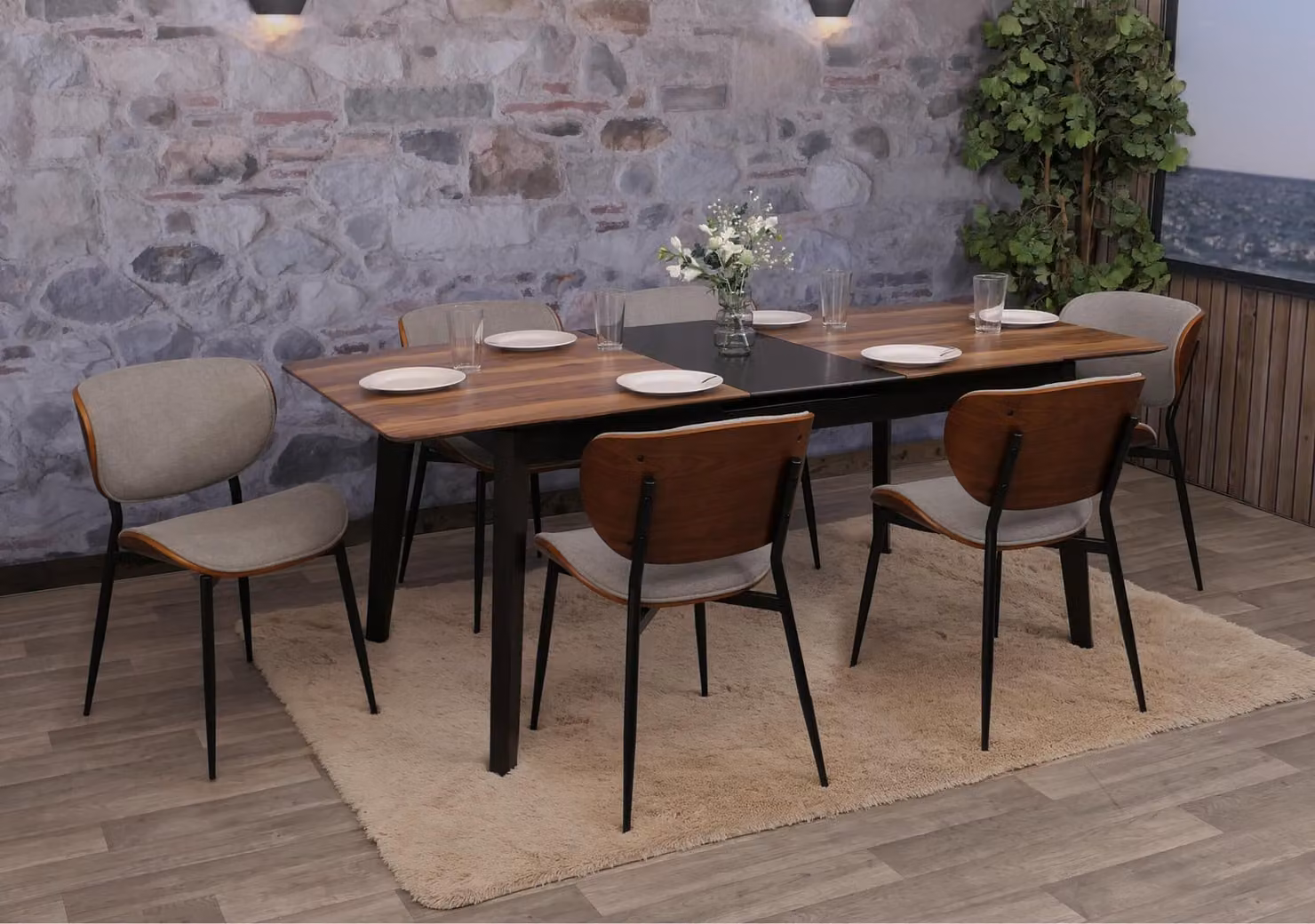Set di 6 sedie da pranzo, modello HWC-O45, struttura in legno di faggio, rivestimento in tessuto (370g/m²), , finitura effetto noce, colore grigio chiaro