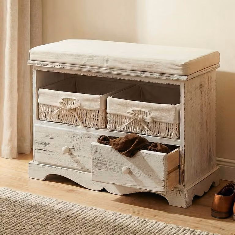 Cassettiera con 2 cestini 42x62x33cm, look shabby, vintage ~ bianco