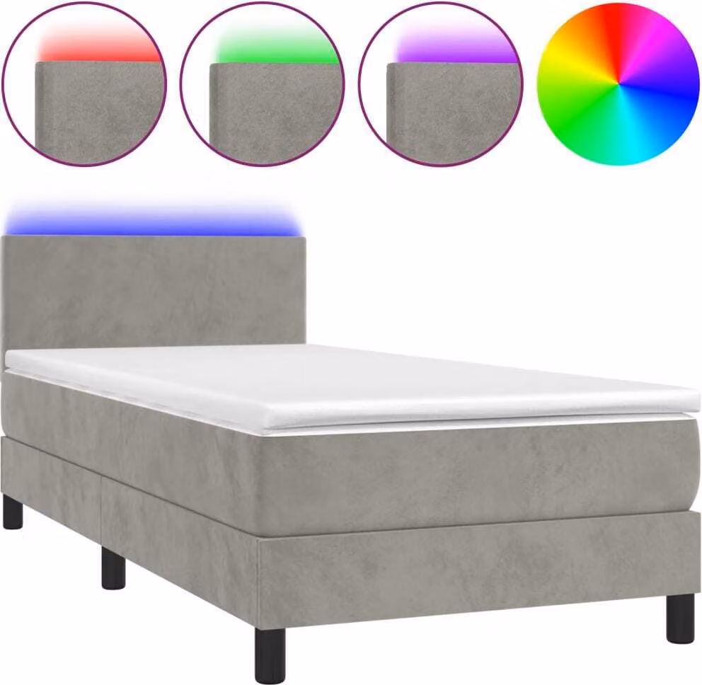 Letto a Molle con Materasso e LED Grigio Chiaro 90x190 cm Velluto