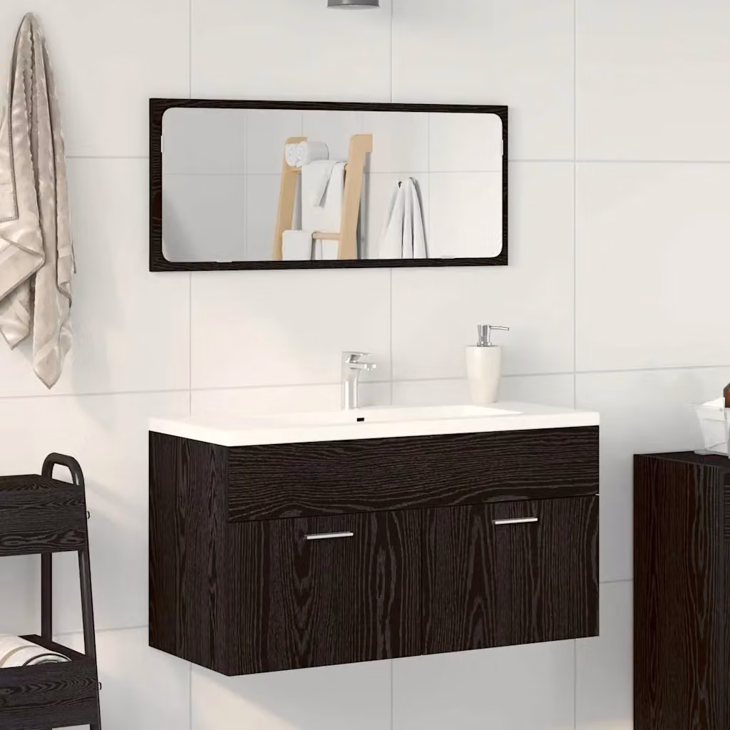 Set di mobili per il bagno moderno vidaXL composto da mobile lavabo e armadietto con specchio, colore nero opaco, L/P/H: 90 x 38,5 x 46 cm