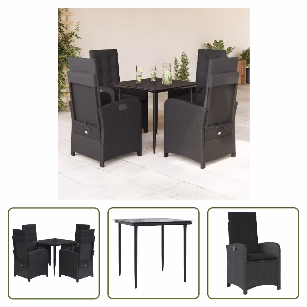 The Living Store Set da pranzo da giardino 5 pezzi con cuscini in poly rattan nero