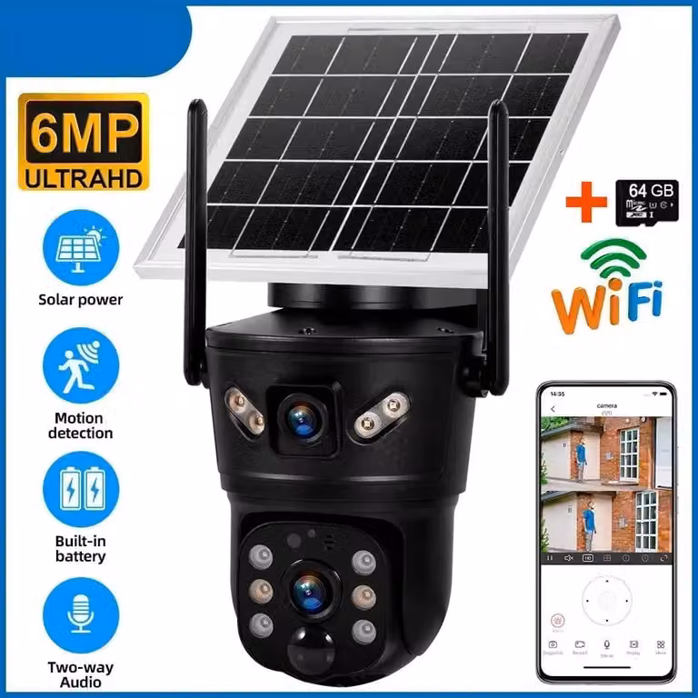 Telecamera di sorveglianza esterna - Modello D05 - Telecamera Wi-Fi solare - Impermeabile - 6 MP - 4G - Doppio obiettivo - Pannello solare - 64 GB di memoria