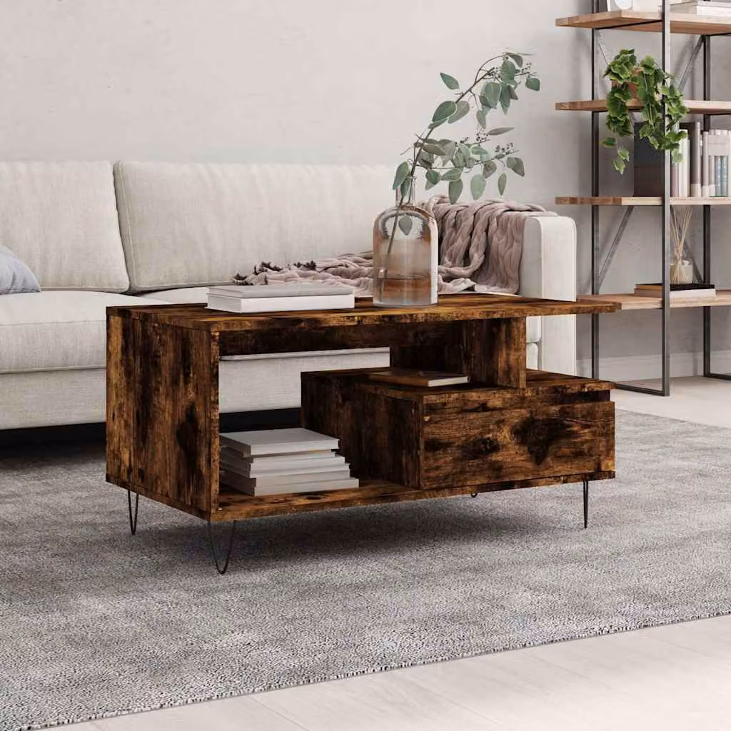 vidaXL Tavolino da Salotto Moderno in Legno e Metallo, Colore Rovere Fumo, L 90 cm x P 49 cm x H 45 cm