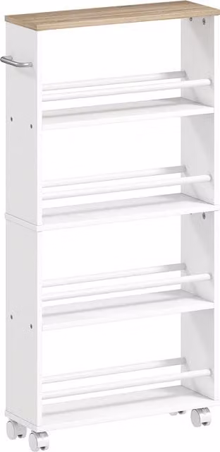 Scaffale multifunzione con ruote HOMCOM in legno naturale con 4 scomparti, L: 45 cm, P: 15 cm, H: 91 cm