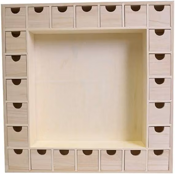 Calendario dell'Avvento in legno, forma quadrata, colore beige, dimensioni 39 x 39 x 6,5 cm