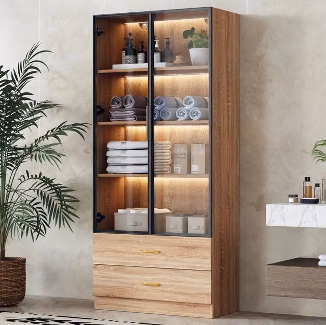 Mobile alto bagno ULEVR con 2 ante, 2 cassetti, vani aperti e vetro temperato, marrone